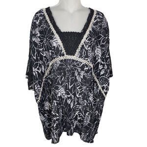 Coldwater Creek Top Womens 2X Black Lace Crinkle Y2K 90s Floral Boho Sheer